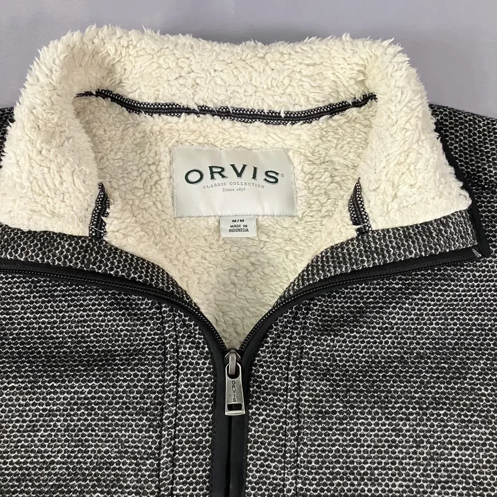 Orvis Sweater Mens Medium Gray Quarter Zip‎ Sherpa Lined Fleece Pockets Knit